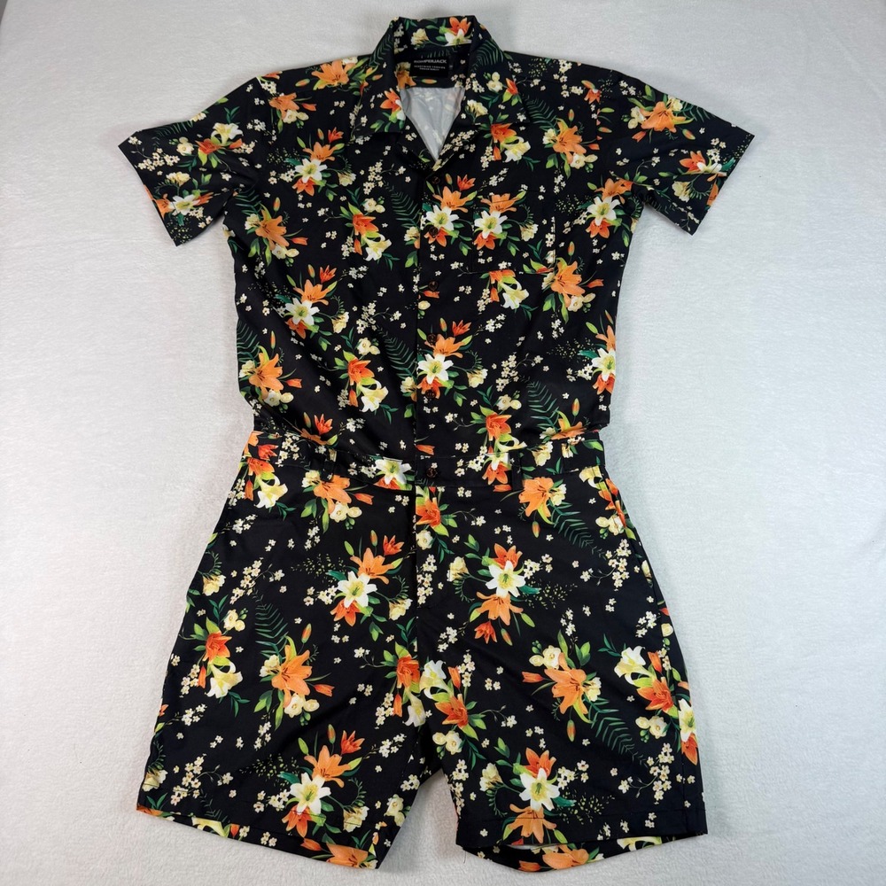 RomperJack Mens Romper Medium Black Floral Tropical Lily Resort Summer Party
